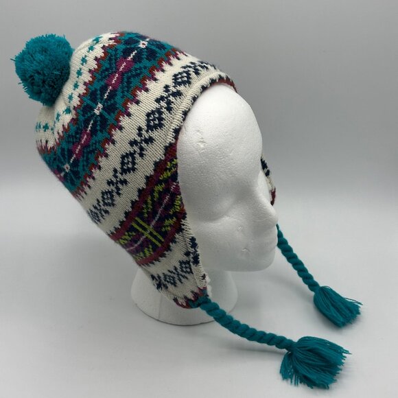 Lands' End Kids' Fleece Lined Winter Ear Flap Fair Isle Hat with Pom Pom - Picture 2 of 8